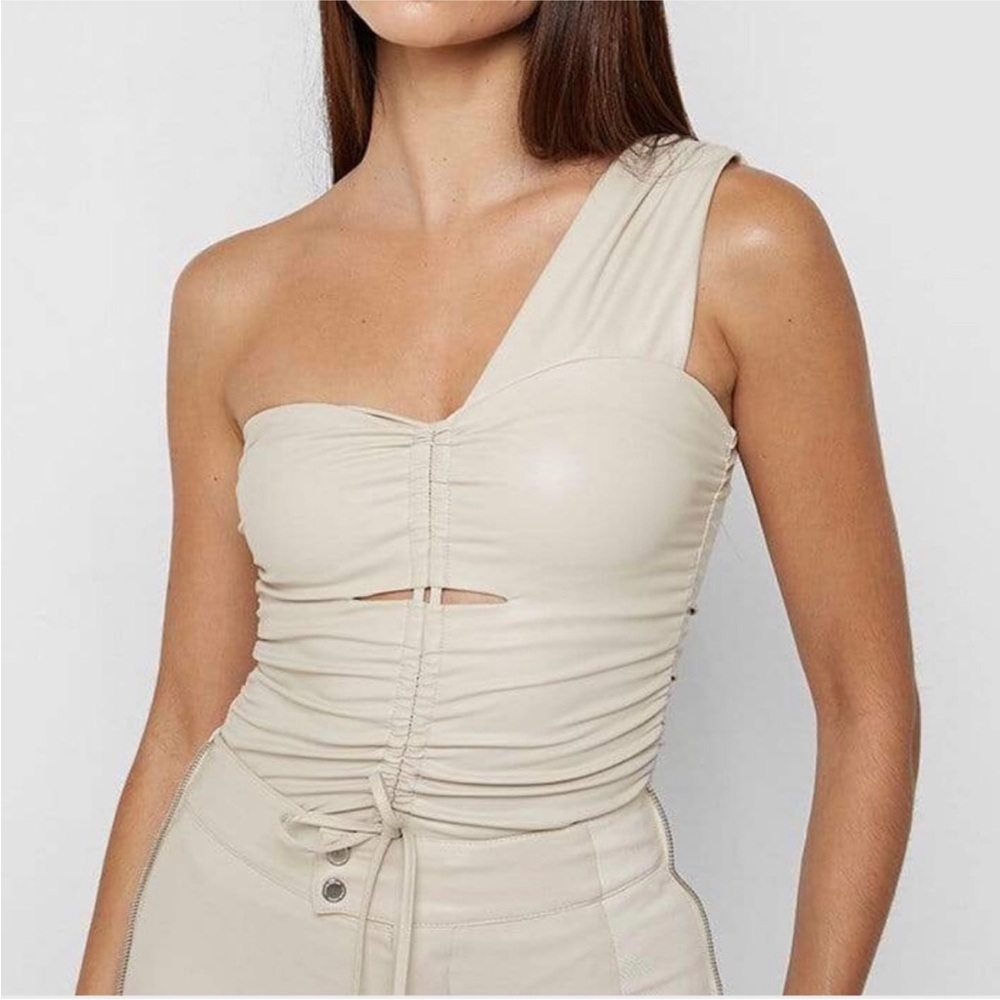 Maniere De Voir Cream Vegan Leather One Shoulder Cut Out Ruched Bodysuit NWT 6